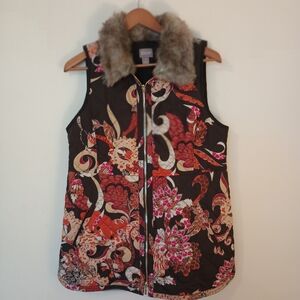 Chico's Women's  Faux Fur Chocolate and Floral Quilted Zipper Jacket Size 1